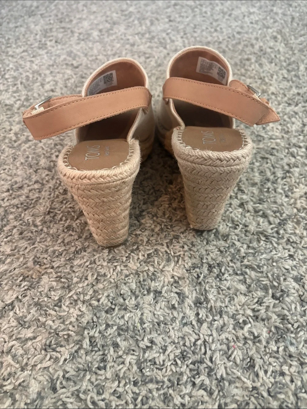 TOMS Canvas Open-Toe Espadrille Wedges in Beige and Tan